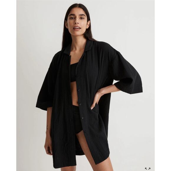 NWT Madewell Crinkle Cotton Cover Up Mini Shirtdress in Black NJ876 Size Large - Picture 1 of 6